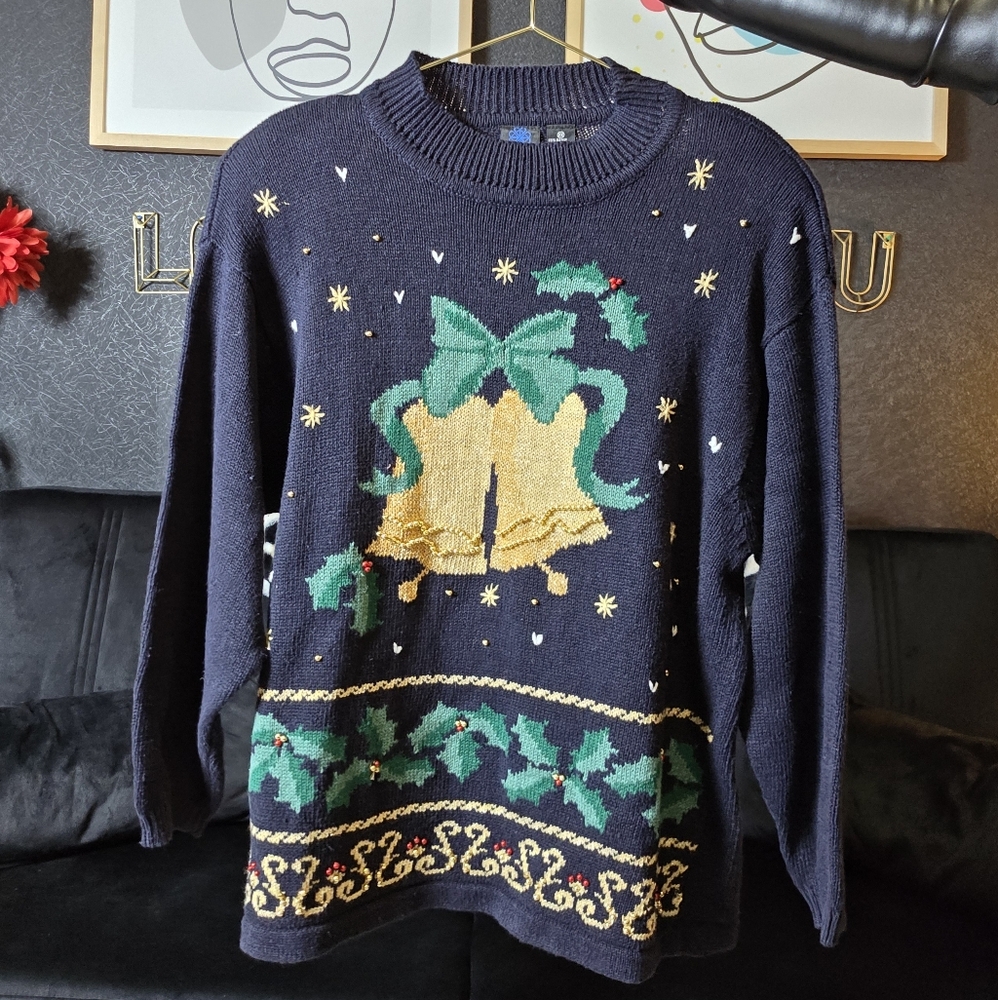 Ugly Christmas Sweater Festive Holiday Sweater with Bells and Holly Size 2X